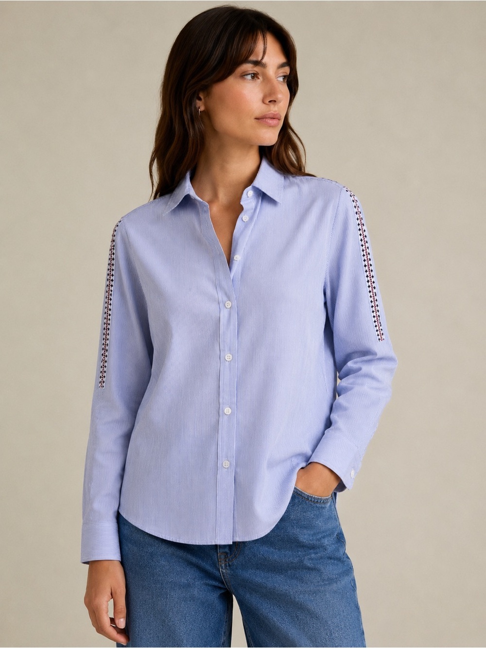 Ikks Light Blue Button-Down Shirt with Eyelet Shoulder Detail